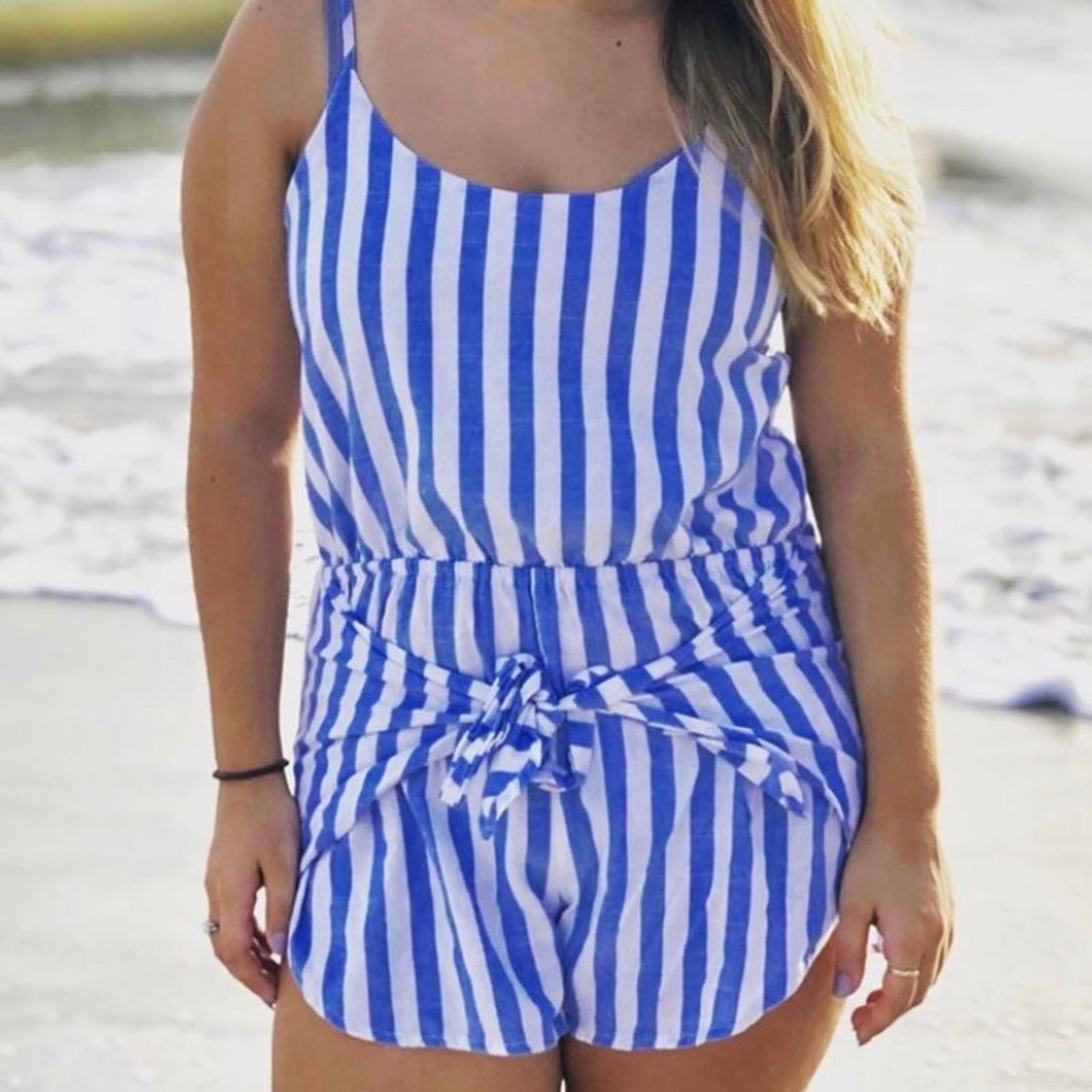 Akira Blue and White Striped Romper